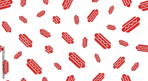 A vibrant pattern featuring red hot dogs with mustard in buns scattered across the frame
