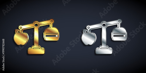 Gold and silver Calorie calculator icon isolated on isolated on black background. Calorie count. Diet. Weight loss. Portion control. Healthy eating. Dietary nutrition. Long shadow style. Vector