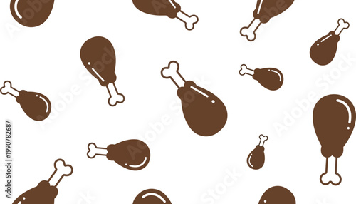 Seamless pattern of cute cartoon fried chicken drumsticks in a repeating flat design style