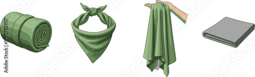 Green Fabric Cloth Set Illustration with Rolled Towel, Folded Textile, Hanging Cleaning Cloth, and Bandana Style Fabric for Household, Cleaning, and Textile Design
