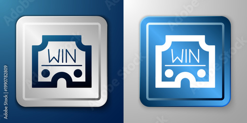White Casino win icon isolated on blue and grey background. Silver and blue square button. Vector
