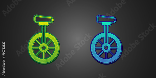 Green and blue Unicycle or one wheel bicycle icon isolated on black background. Monowheel bicycle. Vector
