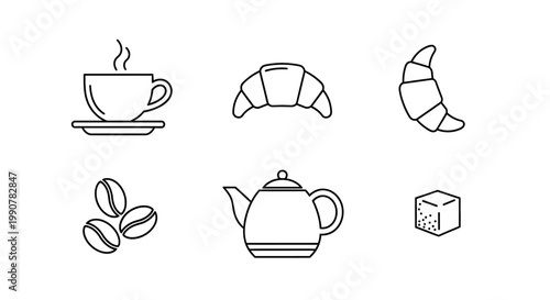 Coffee cup and pastry icons set.