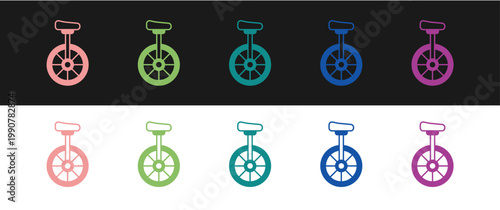 Set Unicycle or one wheel bicycle icon isolated on black and white background. Monowheel bicycle. Vector