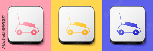 Isometric Lawn mower icon isolated on pink, yellow and blue background. Lawn mower cutting grass. Square button. Vector