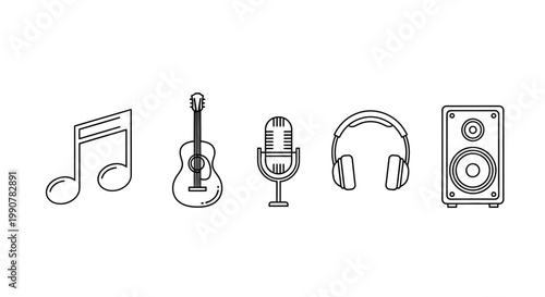 Music-themed line art collection featuring various musical instruments and audio equipment.