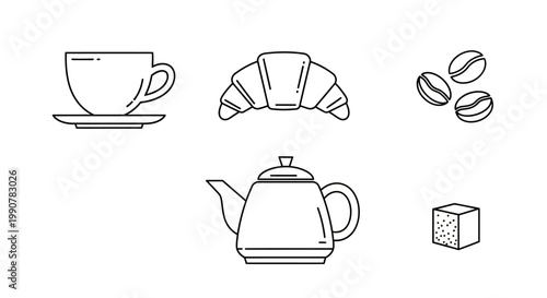 Coffee cup on a saucer with croissant.