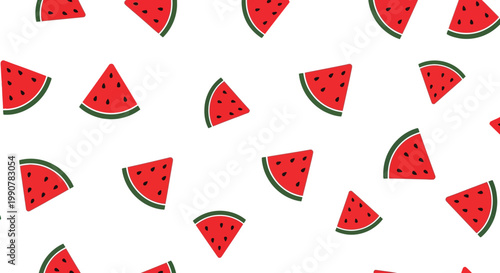Seamless pattern of hand drawn watermelon slices with red pulp and black seeds