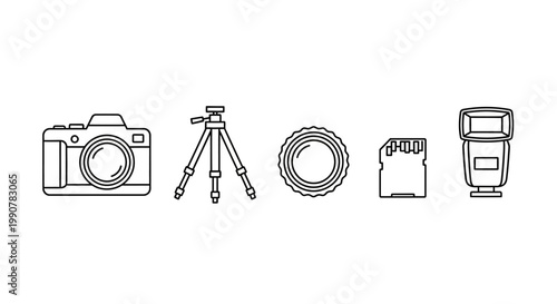 Photography equipment line art illustration with camera tripod lens memory card flash.