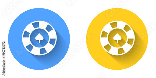 White Casino chips icon isolated with long shadow background. Casino gambling. Circle button. Vector