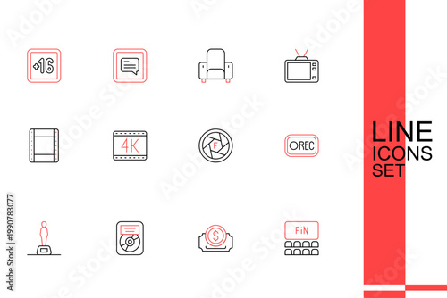 Set line Cinema auditorium with screen, ticket, CD disk award frame, Movie trophy, Record button, Camera shutter, 4k movie and Play video icon. Vector