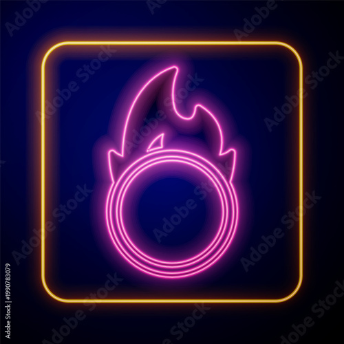 Glowing neon Circus fire hoop icon isolated on black background. Ring of fire flame. Round fiery frame. Vector