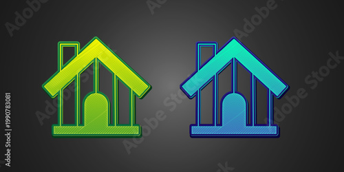 Green and blue Farm house icon isolated on black background. Vector