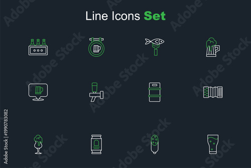 Set line Glass of beer, Salami sausage, Beer can, Accordion, Metal keg, tap and Wooden mug icon. Vector