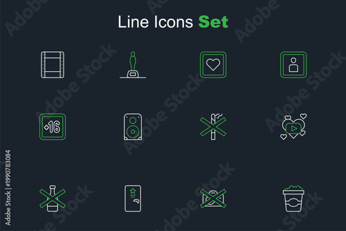 Set line Popcorn in cardboard box, Prohibition no video recording, Backstage, No alcohol, Romantic movie, smoking, Stereo speaker and Plus 16 icon. Vector