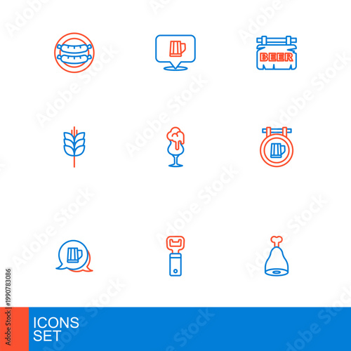 Set line Chicken leg, Bottle opener, Wooden beer mug, Street signboard with, Wheat, Glass of, Beer and icon. Vector