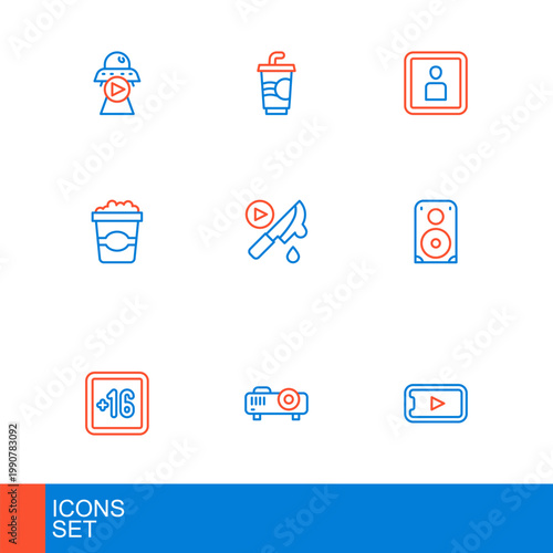 Set line Online play video, Movie, film, media projector, Plus 16 movie, Stereo speaker, Popcorn cardboard box, Thriller, Play Video and Paper glass with water icon. Vector