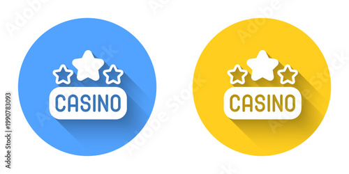 White Casino signboard icon isolated with long shadow background. Circle button. Vector