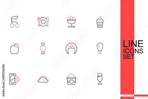 Set line Wine glass, Popcorn cardboard box, Taco with tortilla, Food ordering on mobile, Chicken leg, Fish steak, and Plum fruit icon. Vector