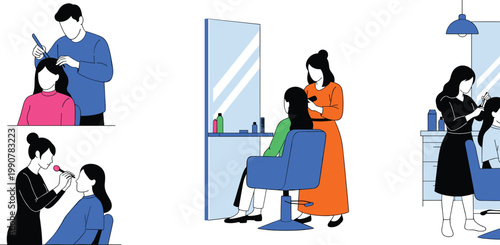 Hair Salon Service Illustration Set with Hairstylist Cutting, Styling, and Makeup Application in Modern Beauty Studio for Fashion, Cosmetics, and Personal Care Design