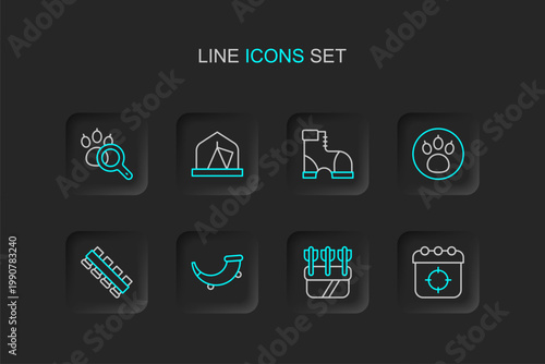 Set line Target sport, Quiver with arrows, Hunting horn, cartridge belt, Paw search, Hunter boots, Tourist tent and icon. Vector