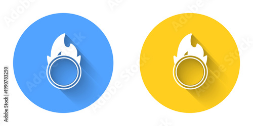 White Circus fire hoop icon isolated with long shadow background. Ring of fire flame. Round fiery frame. Circle button. Vector