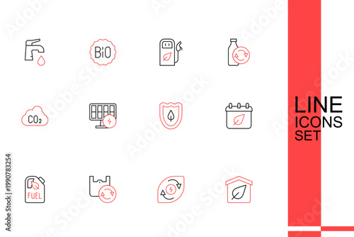 Set line Eco friendly house, Water energy, Shopping bag with recycle, Bio fuel canister, Calendar autumn leaves, Shield leaf, Solar panel and CO2 emissions cloud icon. Vector