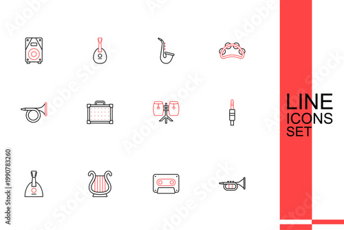 Set line Trumpet, Retro audio cassette tape, Ancient Greek lyre, Balalaika, Audio jack, Conga drums, Guitar amplifier and icon. Vector