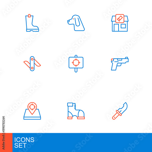 Set line Hunter knife, boots, place, Pistol or gun, Swiss army, Target sport, Hunting shop and dog icon. Vector