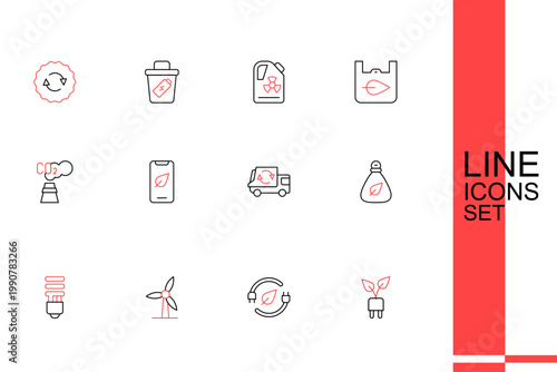 Set line Electric saving plug in leaf, Wind turbine, LED light bulb, Garbage bag, truck, Mobile phone with and CO2 emissions cloud icon. Vector