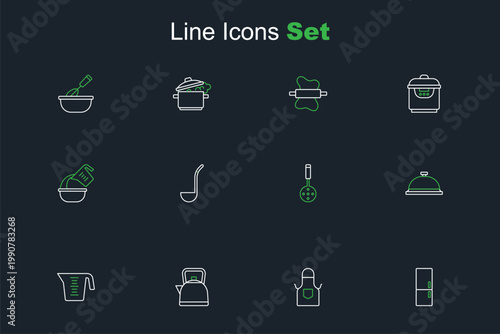 Set line Refrigerator, Kitchen apron, Kettle with handle, Measuring cup, Covered tray of food, Spatula, ladle and bowl icon. Vector