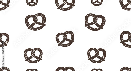 A seamless repeating pattern of brown hand drawn pretzels with salt crystals scattered around