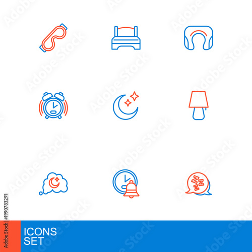 Set line Sleepy, Alarm clock, Dreams, Table lamp, Moon and stars, Travel neck pillow and Big bed icon. Vector