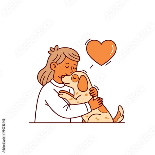 A heartwarming illustration of a person affectionately hugging and kissing their beloved dog, with a heart symbolizing their strong bond.