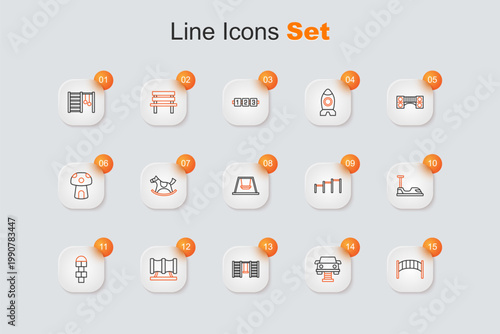 Set line Playground kids bridge, Swing car, Swedish wall, Kid playground slide pipe, Hopscotch, Bumper, Sport horizontal bar and Ferris wheel icon. Vector