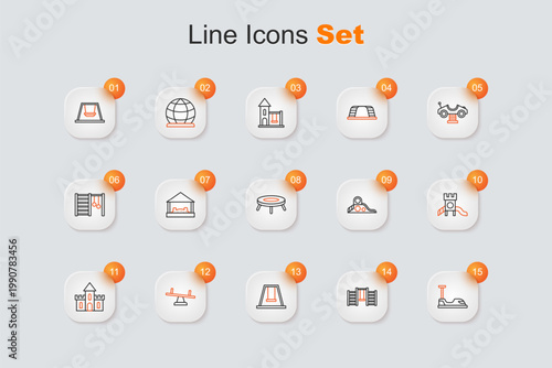 Set line Bumper car, Swedish wall, Swing for kids, Seesaw, Sand castle, Slide playground, and Jumping trampoline icon. Vector