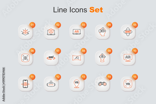 Set line Virtual reality, Gamepad, glasses, 3d modeling, Augmented AR, and Wide angle picture icon. Vector