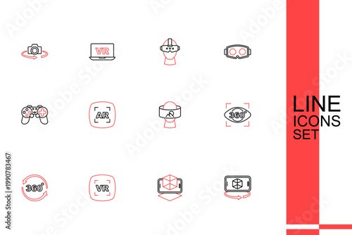 Set line 3d modeling, Virtual reality, 360 degree view, glasses, Augmented AR and Gamepad icon. Vector