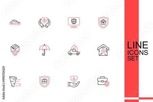 Set line Briefcase with shield, Life insurance in hand, Tornado, House, Burning car, Umbrella and Delivery security icon. Vector