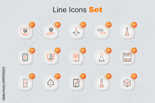 Set line Game dice, Chess, Air hockey table, Domino, Backgammon board, Chip for game and Mahjong pieces icon. Vector