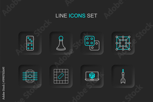 Set line Dart arrow, Game dice, Board game, Table football, Chess pawn and Domino icon. Vector