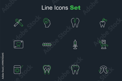 Set line Dental tooth plate, Broken, floss, Medical dental chair, Syringe, Teeth with braces and X-ray of icon. Vector
