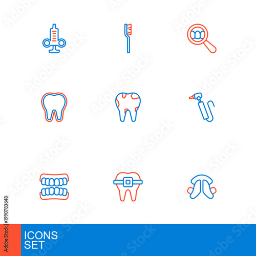 Set line Dental tooth plate, Teeth with braces, Dentures model, Tooth drill, Broken, search and Toothbrush icon. Vector