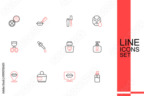 Set line Bottle of liquid soap, Smiling lips, Cream or lotion cosmetic tube, Tube hand cream, Perfume, Pipette with oil and Eyelash curler icon. Vector