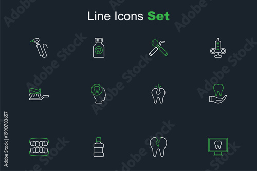 Set line Online dental care, Broken tooth, Mouthwash, Dentures model, Tooth, Toothache and Toothbrush with toothpaste icon. Vector