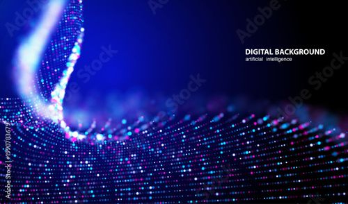 Technology A.I. banner with perspective glowing dotted lines. Ai big data stream particle lines waves on blue background. Futuristic network connect vector. Lines digital blurred design.