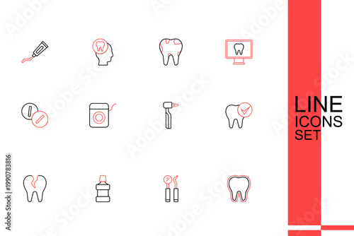 Set line Tooth, Dental mirror and probe, Mouthwash, Broken tooth, drill, floss and Toothache painkiller tablet icon. Vector