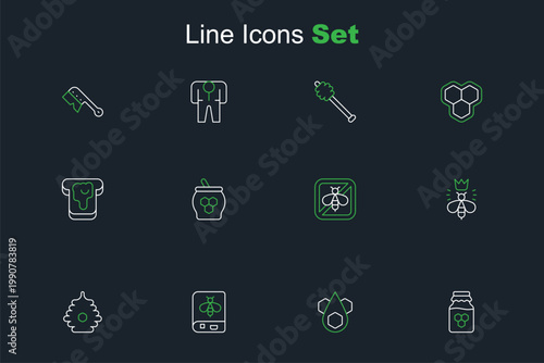 Set line Jar of honey, Honeycomb, Book about bee, Hive for bees, Queen, Stop, and dipper stick and Bread with icon. Vector