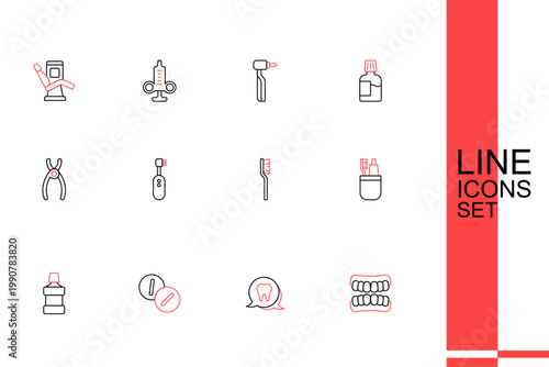 Set line Dentures model, Tooth, Toothache painkiller tablet, Mouthwash, Toothbrush and toothpaste, Electric toothbrush and Dental pliers icon. Vector