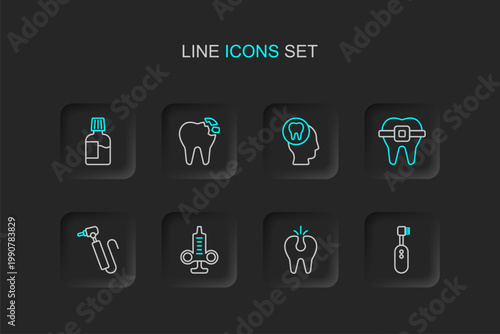 Set line Electric toothbrush, Broken, Syringe, Tooth drill, Teeth with braces, Toothache, and Mouthwash icon. Vector